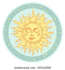Hand drawn sun with face and starburst stylized as engraving. Can be used as print for T-shirts and bags, cards, decor element. Vector astrology symbol