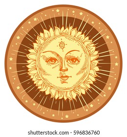 Hand drawn sun with face and starburst stylized as engraving. Can be used as print for T-shirts and bags, cards, decor element. Vector astrology symbol