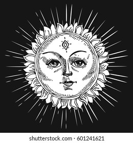 Hand drawn sun with face and starburst stylized as engraving. Can be used as print for T-shirts and bags, cards, decor element. Vector astrology symbol