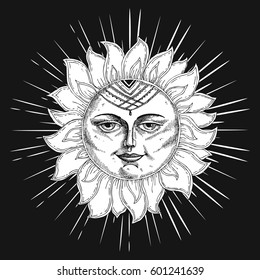 Hand drawn sun with face and starburst stylized as engraving. Can be used as print for T-shirts and bags, cards, decor element. Vector astrology symbol