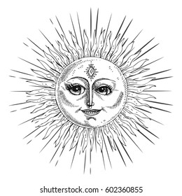 Hand drawn sun with face and starburst stylized as engraving. Can be used as print for T-shirts and bags, cards, decor element. Vector astrology symbol