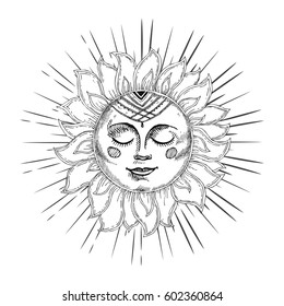 Hand drawn sun with face and starburst stylized as engraving. Can be used as print for T-shirts and bags, cards, decor element. Vector astrology symbol