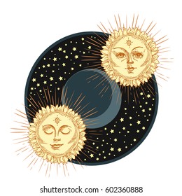 Hand drawn sun with face and starburst stylized as engraving. Can be used as print for T-shirts and bags, cards, decor element. Vector astrology symbol