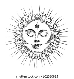 Hand drawn sun with face and starburst stylized as engraving. Can be used as print for T-shirts and bags, cards, decor element. Vector astrology symbol