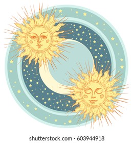 Hand drawn sun with face and starburst stylized as engraving. Can be used as print for T-shirts and bags, cards, decor element. Vector astrology symbol