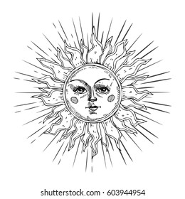 Hand drawn sun with face and starburst stylized as engraving. Can be used as print for T-shirts and bags, cards, decor element. Vector astrology symbol