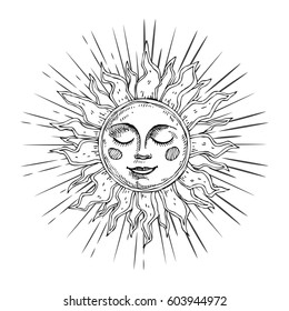 Hand drawn sun with face and starburst stylized as engraving. Can be used as print for T-shirts and bags, cards, decor element. Vector astrology symbol
