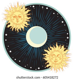 Hand drawn sun with face and starburst stylized as engraving. Can be used as print for T-shirts and bags, cards, decor element. Vector astrology symbol