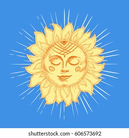 Hand drawn sun with face and starburst stylized as engraving. Can be used as print for T-shirts and bags, cards, decor element. Vector astrology symbol