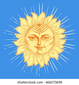 Hand drawn sun with face and starburst stylized as engraving. Can be used as print for T-shirts and bags, cards, decor element. Vector astrology symbol