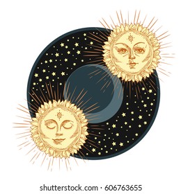 Hand drawn sun with face and starburst stylized as engraving. Can be used as print for T-shirts and bags, cards, decor element. Vector astrology symbol