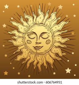 Hand drawn sun with face and starburst stylized as engraving. Can be used as print for T-shirts and bags, cards, decor element. Vector astrology symbol