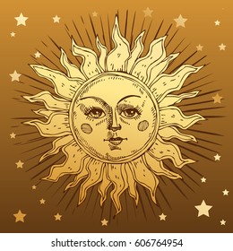 Hand drawn sun with face and starburst stylized as engraving. Can be used as print for T-shirts and bags, cards, decor element. Vector astrology symbol