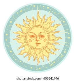 Hand drawn sun with face and starburst stylized as engraving. Can be used as print for T-shirts and bags, cards, decor element. Vector astrology symbol
