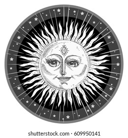 Hand drawn sun with face and starburst stylized as engraving. Can be used as print for T-shirts and bags, cards, decor element. Vector astrology symbol