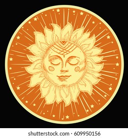 Hand drawn sun with face and starburst stylized as engraving. Can be used as print for T-shirts and bags, cards, decor element. Vector astrology symbol