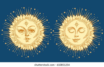 Hand drawn sun with face and starburst stylized as engraving. Can be used as print for T-shirts and bags, cards, decor element. Vector astrology symbol