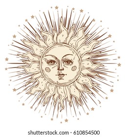 Hand drawn sun with face and starburst stylized as engraving. Can be used as print for T-shirts and bags, cards, decor element. Vector astrology symbol