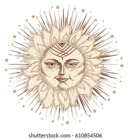 Hand drawn sun with face and starburst stylized as engraving. Can be used as print for T-shirts and bags, cards, decor element. Vector astrology symbol