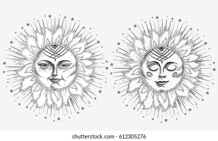 Hand drawn sun with face and starburst stylized as engraving. Can be used as print for T-shirts and bags, cards, decor element. Vector astrology symbol