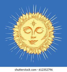 Hand drawn sun with face and starburst stylized as engraving. Can be used as print for T-shirts and bags, cards, decor element. Vector astrology symbol