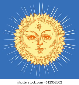 Hand drawn sun with face and starburst stylized as engraving. Can be used as print for T-shirts and bags, cards, decor element. Vector astrology symbol