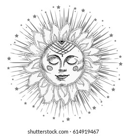 Hand drawn sun with face and starburst stylized as engraving. Can be used as print for T-shirts and bags, cards, decor element. Vector astrology symbol