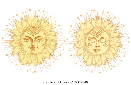 Hand drawn sun with face and starburst stylized as engraving. Can be used as print for T-shirts and bags, cards, decor element. Vector astrology symbol