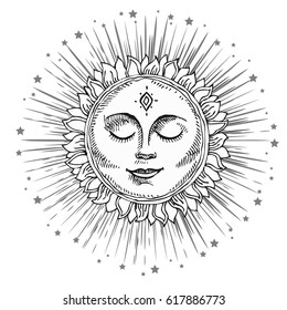 Hand drawn sun with face and starburst stylized as engraving. Can be used as print for T-shirts and bags, cards, decor element. Vector astrology symbol