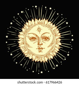 Hand drawn sun with face and starburst stylized as engraving. Can be used as print for T-shirts and bags, cards, decor element. Vector astrology symbol