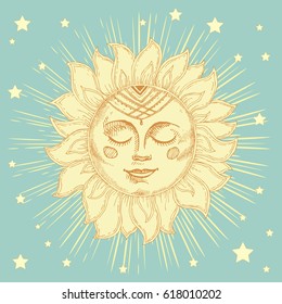 Hand drawn sun with face and starburst stylized as engraving. Can be used as print for T-shirts and bags, cards, decor element. Vector astrology symbol