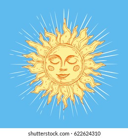 Hand drawn sun with face and starburst stylized as engraving. Can be used as print for T-shirts and bags, cards, decor element. Vector astrology symbol