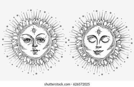 Hand drawn sun with face and starburst stylized as engraving. Can be used as print for T-shirts and bags, cards, decor element. Vector astrology symbol