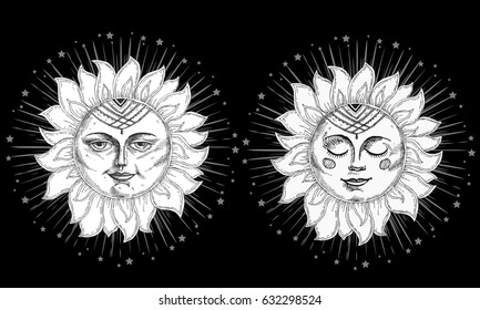 Hand drawn sun with face and starburst stylized as engraving. Can be used as print for T-shirts and bags, cards, decor element. Vector astrology symbol