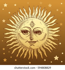 Hand Drawn Sun Face Stylized Engraving Stock Vector (Royalty Free ...