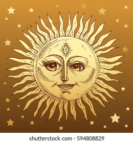 Hand drawn sun with face stylized as engraving. Can be used as print for T-shirts and bags, cards, decor element. Vector astrology symbol