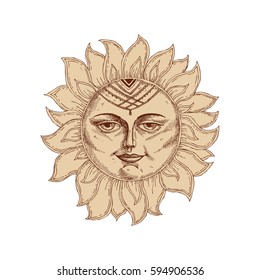 Hand drawn sun with face stylized as engraving. Can be used as print for T-shirts and bags, cards, decor element. Vector astrology symbol
