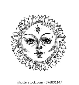 Hand drawn sun with face stylized as engraving. Can be used as print for T-shirts and bags, cards, decor element. Vector astrology symbol