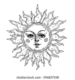 Hand drawn sun with face stylized as engraving. Can be used as print for T-shirts and bags, cards, decor element. Vector astrology symbol