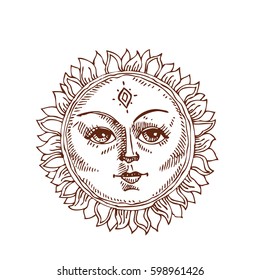 Hand drawn sun with face stylized as engraving. Can be used as print for T-shirts and bags, cards, decor element. Vector astrology symbol