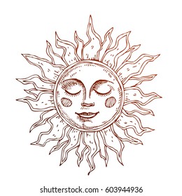 Hand drawn sun with face stylized as engraving. Can be used as print for T-shirts and bags, cards, decor element. Vector astrology symbol