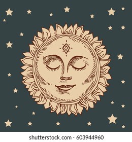 Hand drawn sun with face stylized as engraving. Can be used as print for T-shirts and bags, cards, decor element. Vector astrology symbol