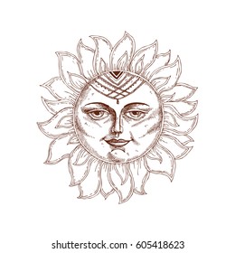 Hand drawn sun with face stylized as engraving. Can be used as print for T-shirts and bags, cards, decor element. Vector astrology symbol