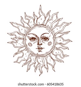 Hand drawn sun with face stylized as engraving. Can be used as print for T-shirts and bags, cards, decor element. Vector astrology symbol