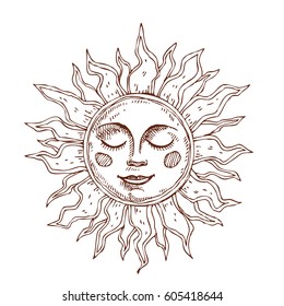 Hand drawn sun with face stylized as engraving. Can be used as print for T-shirts and bags, cards, decor element. Vector astrology symbol