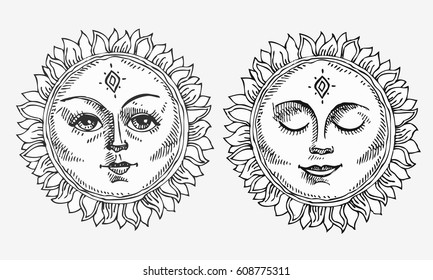 Hand drawn sun with face stylized as engraving. Can be used as print for T-shirts and bags, cards, decor element. Vector astrology symbol