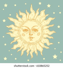 Hand drawn sun with face stylized as engraving. Can be used as print for T-shirts and bags, cards, decor element. Vector astrology symbol