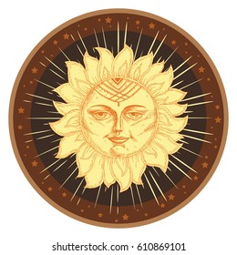Hand drawn sun with face stylized as engraving. Can be used as print for T-shirts and bags, cards, decor element. Vector astrology symbol
