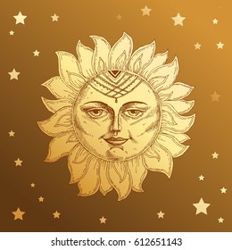 Hand drawn sun with face stylized as engraving. Can be used as print for T-shirts and bags, cards, decor element. Vector astrology symbol