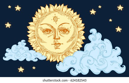 Hand drawn sun with face stylized as engraving. Can be used as print for T-shirts and bags, cards, decor element. Vector astrology symbol